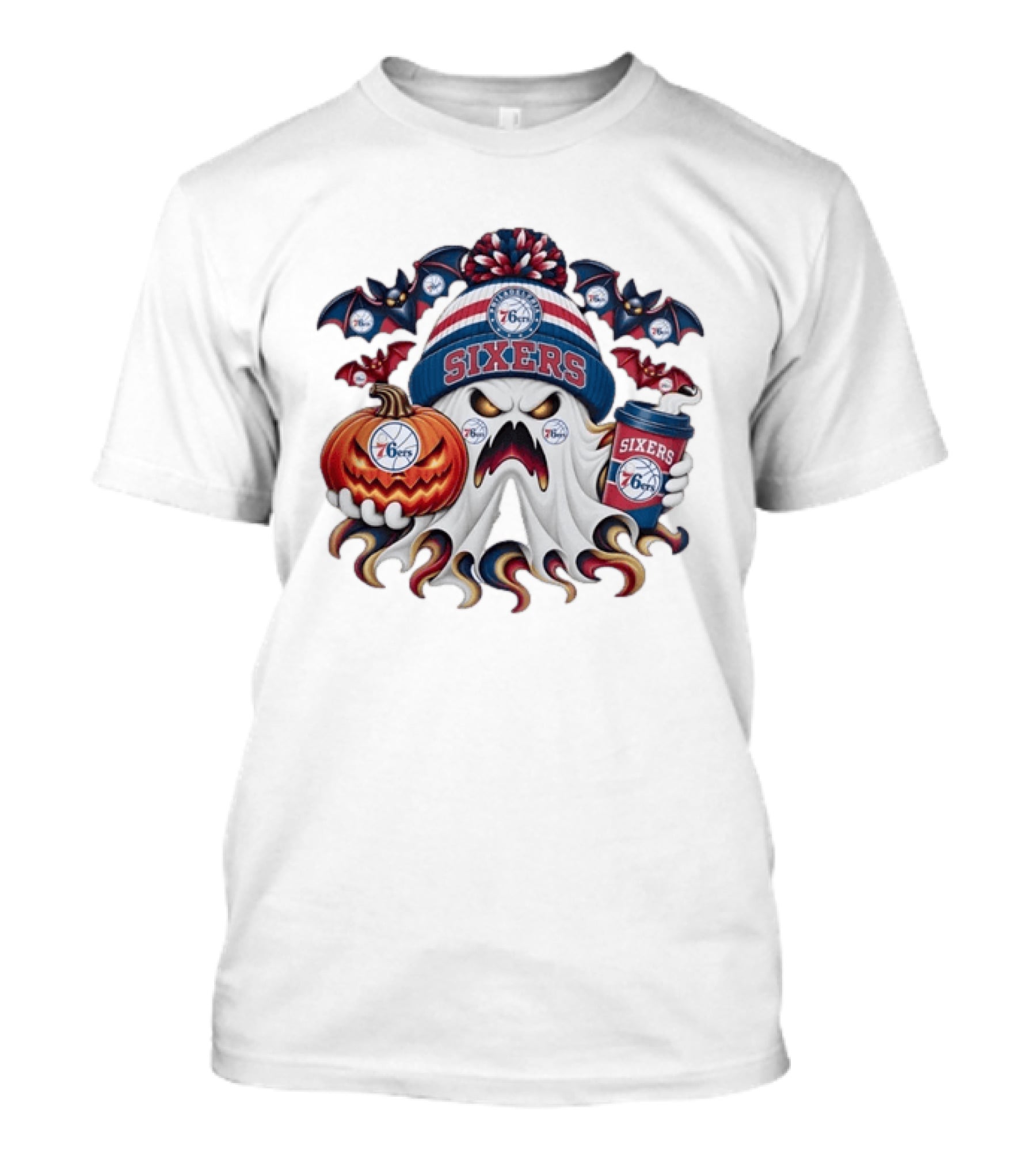 Philadelphia 76ers Spooky Ghost Halloween Coffee Pumpkin Bats T-Shirt
