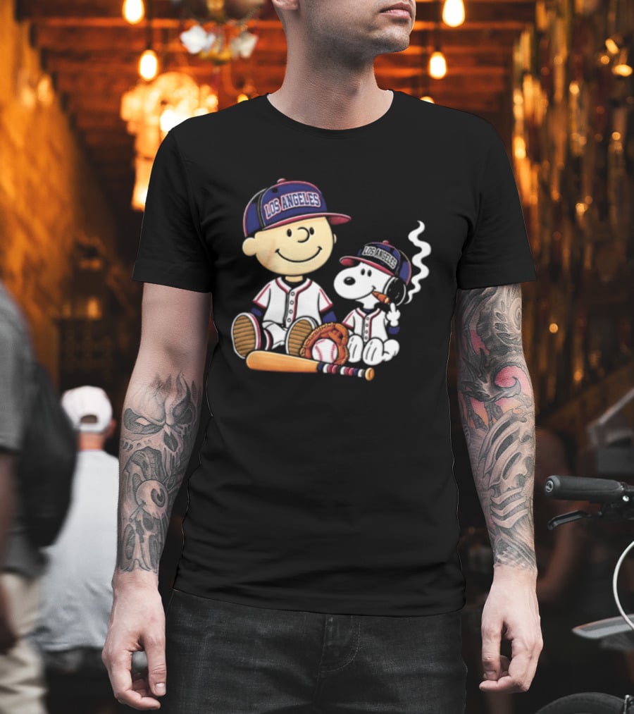 Charlie Brown Snoopy Los Angeles Angels MLB Cigar Smoking Cartoon T-Shirt