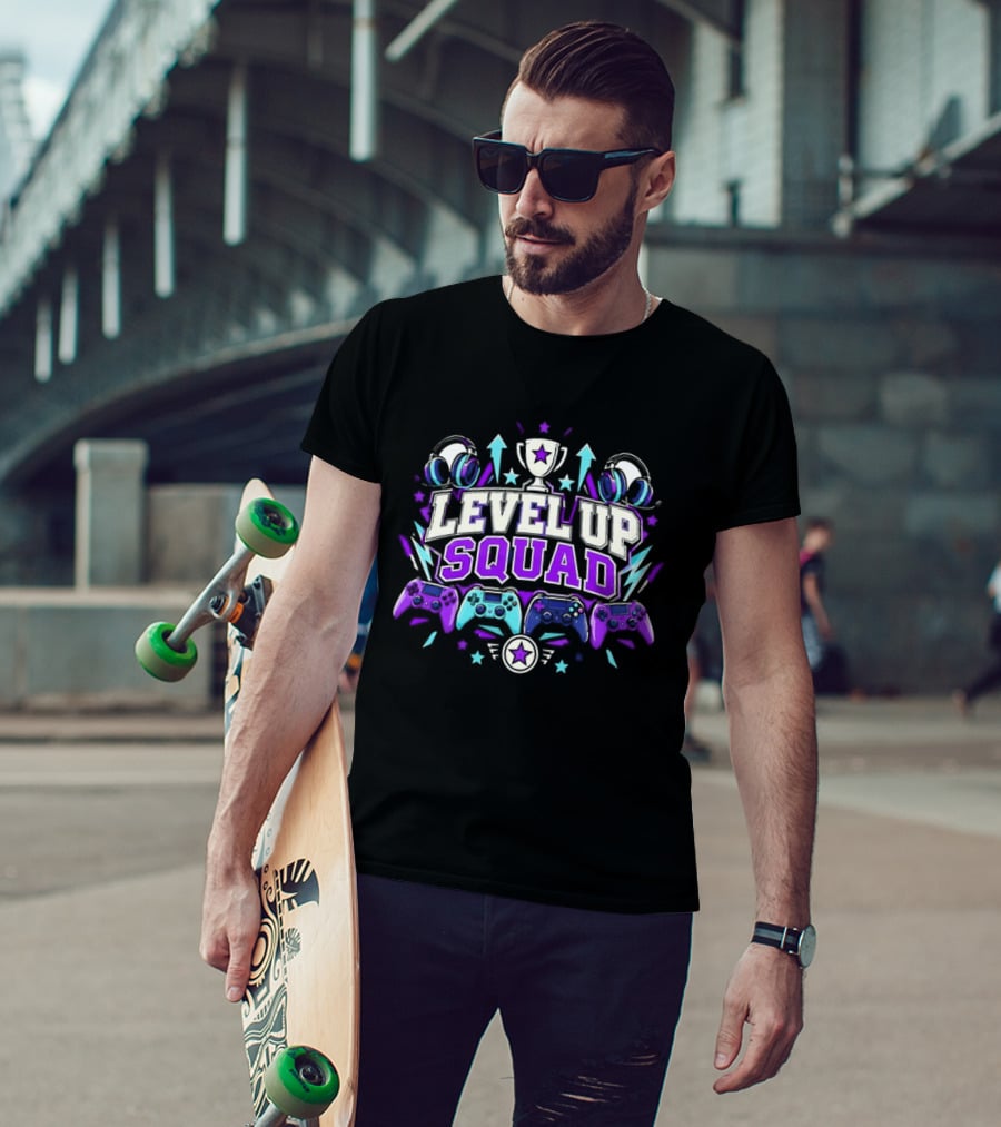 Level Up Squad Gaming Gamer Video Games Controllers Headsets Trophy Stars T-Shirt