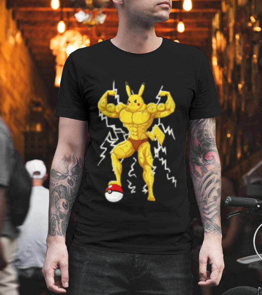 Pikachu Muscular Pokemon Character Flexing Lightning Power T-Shirt