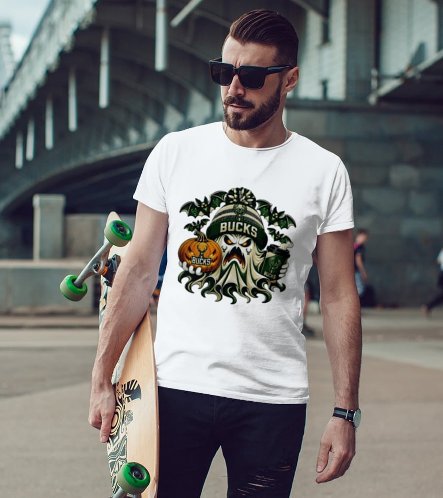 Milwaukee Bucks Spooky Ghost With Pumpkin And Coffee Halloween 2026 T-Shirt