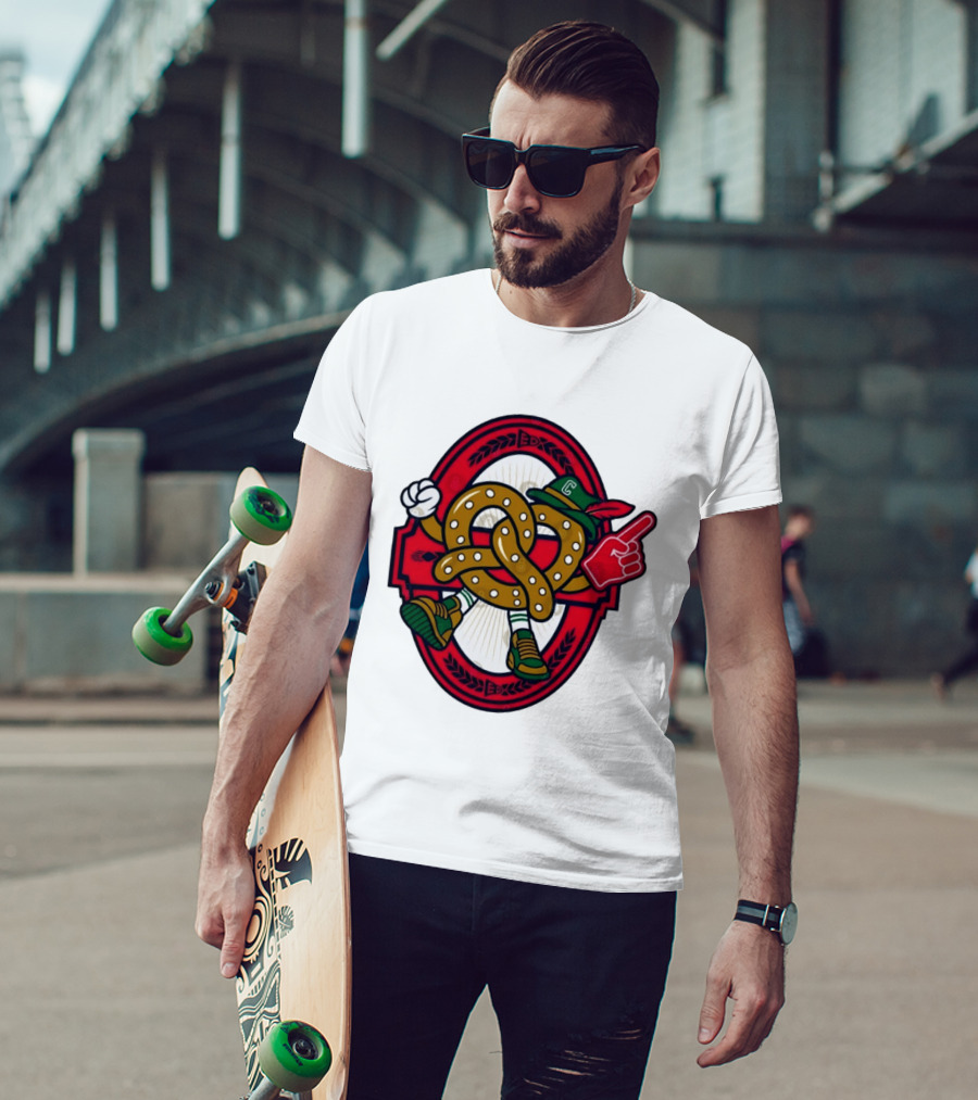 Cartoon Pretzel With Foam Finger And Red Circle T-Shirt