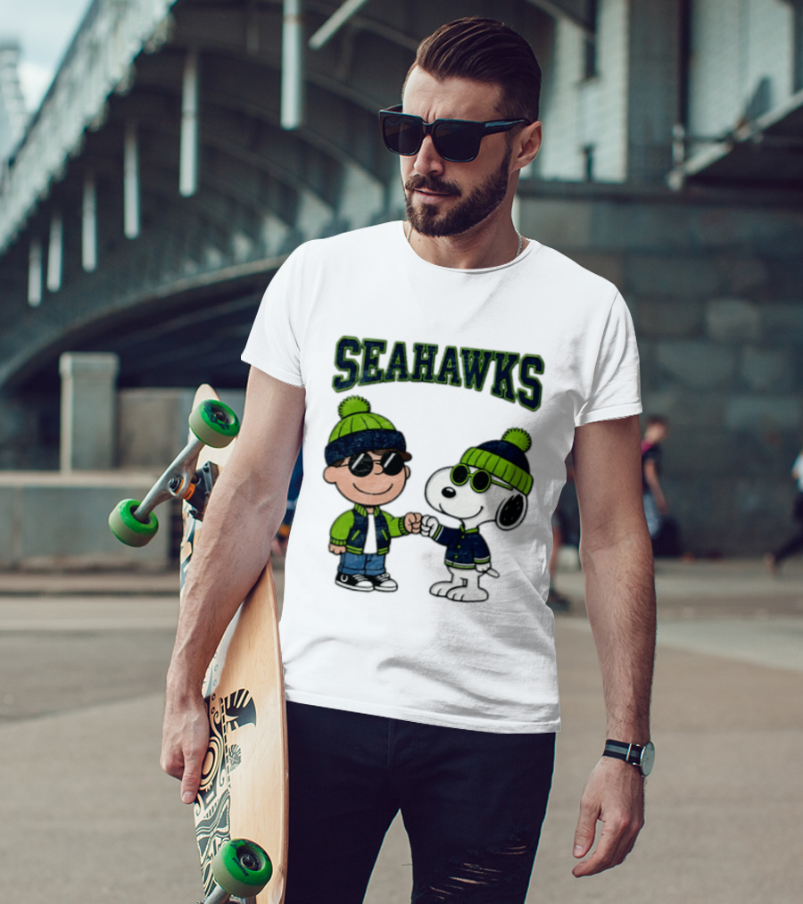 Seattle Seahawks Charlie Brown Snoopy Fist Bump Fan Gear T-Shirt