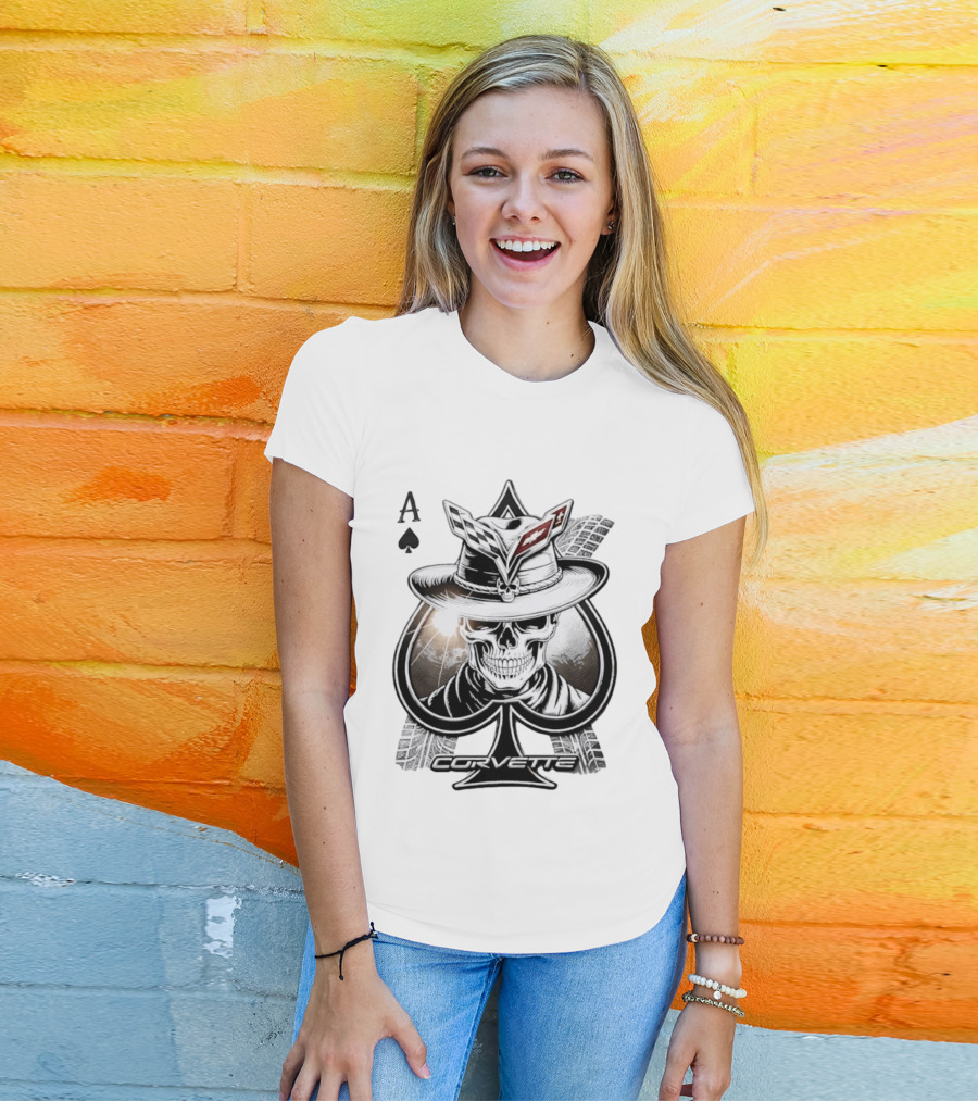 Corvette Ace Of Spades Skull Cowboy Chevrolet Hat Poker Cards T-Shirt