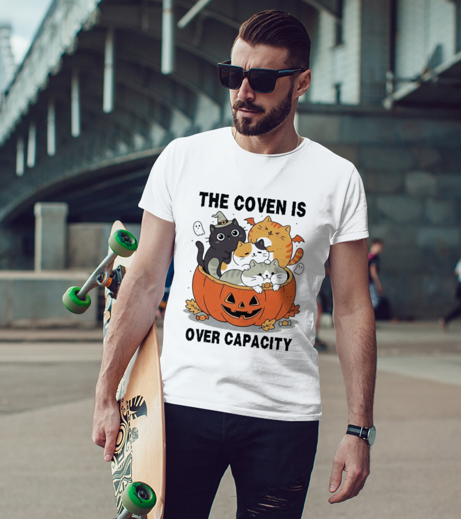The Coven Is Over Capacity Halloween Cats In Pumpkin T-Shirt