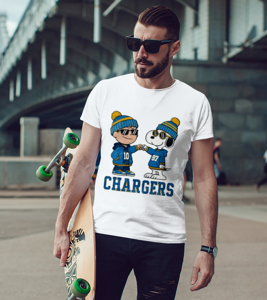 Los Angeles Chargers Charlie Brown Snoopy Fist Bump Blue Beanie Pom Pom T-Shirt