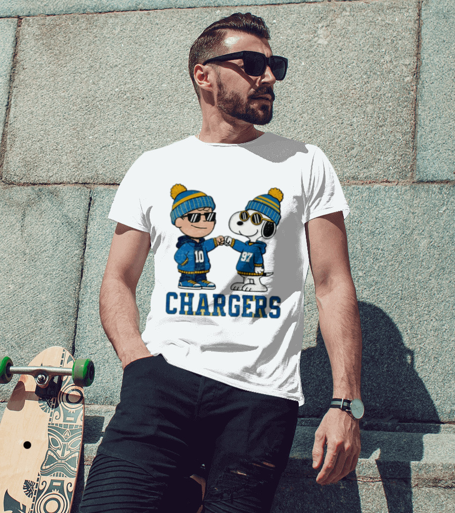 Los Angeles Chargers Charlie Brown Snoopy Fist Bump Blue Beanie Pom Pom T-Shirt