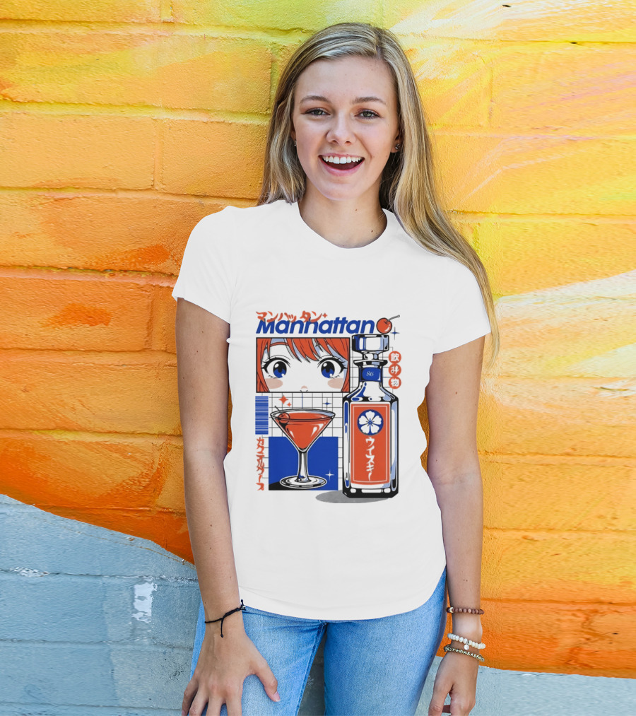 Manhattan Anime Style Whiskey Bottle With Cocktail And Cherry T-Shirt