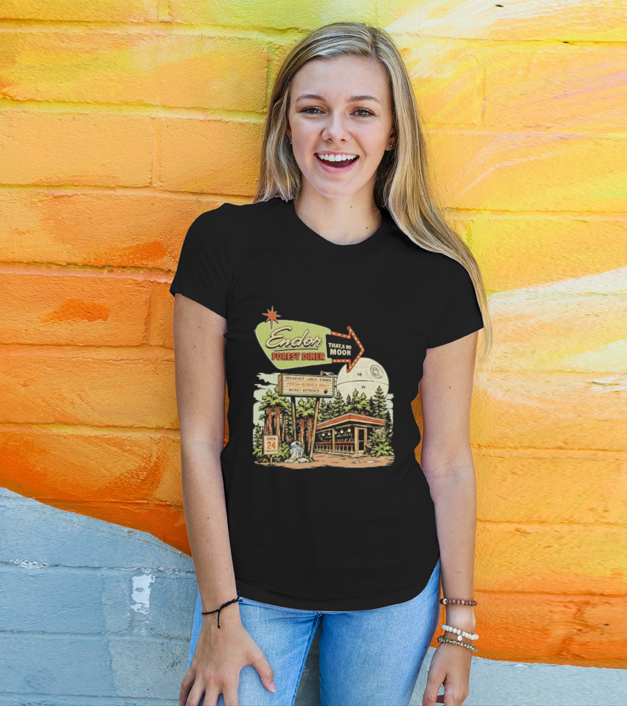 Endor Forest Diner Breakfast Lunch Dinner Moon Star Wars 24 Hours R2 D2 T-Shirt