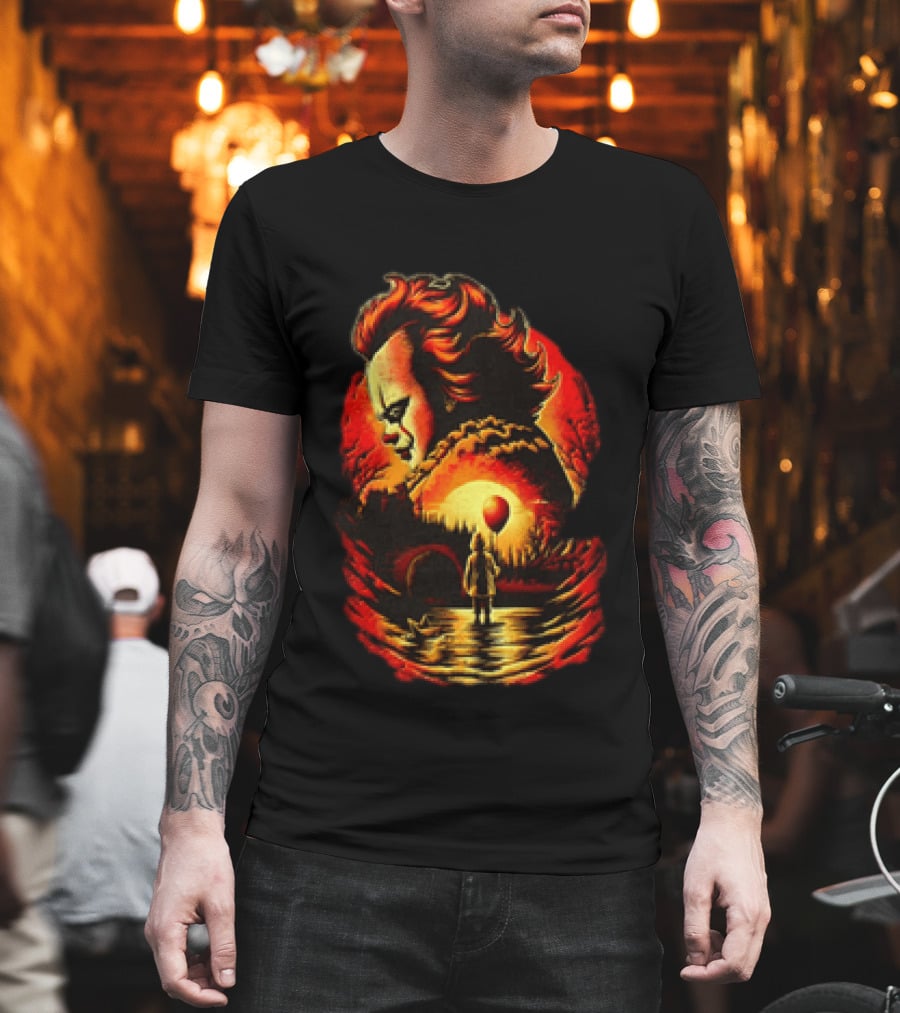 Pennywise IT Clown Face With Red Balloon And Sunset Scene T-Shirt