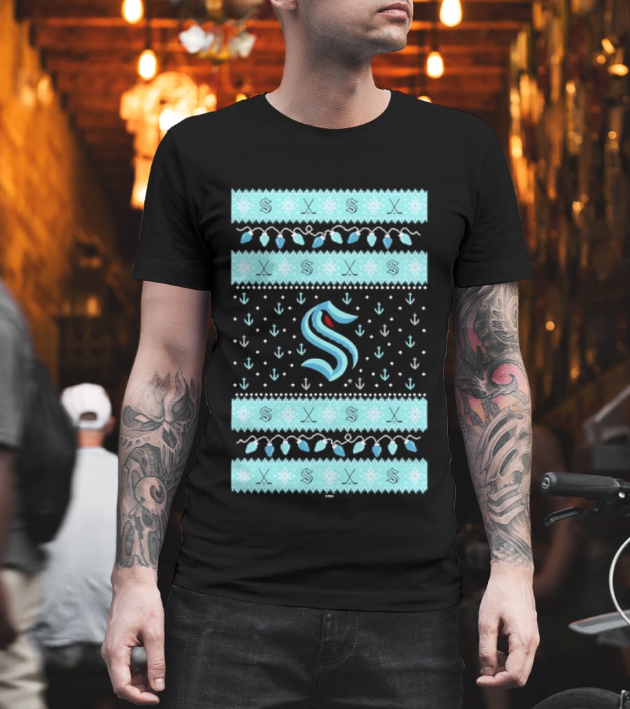 Seattle Kraken NHL Holiday Knit Sweater Lights Snowflakes T-Shirt