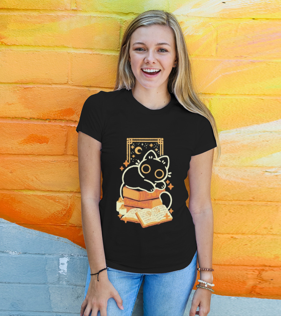 Black Cat Spell Book Candles Moon Stars Mystical Scene T-Shirt