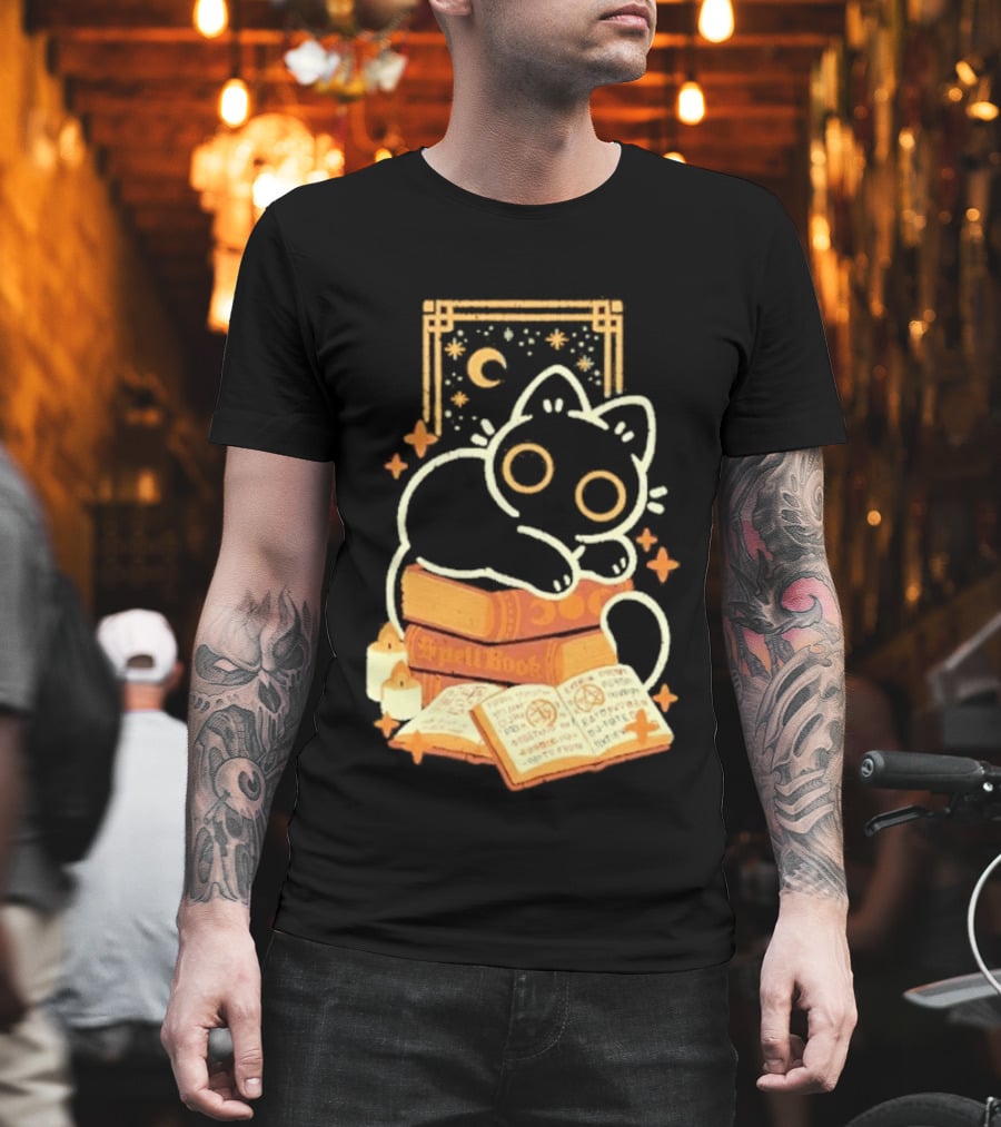 Black Cat Spell Book Candles Moon Stars Mystical Scene T-Shirt