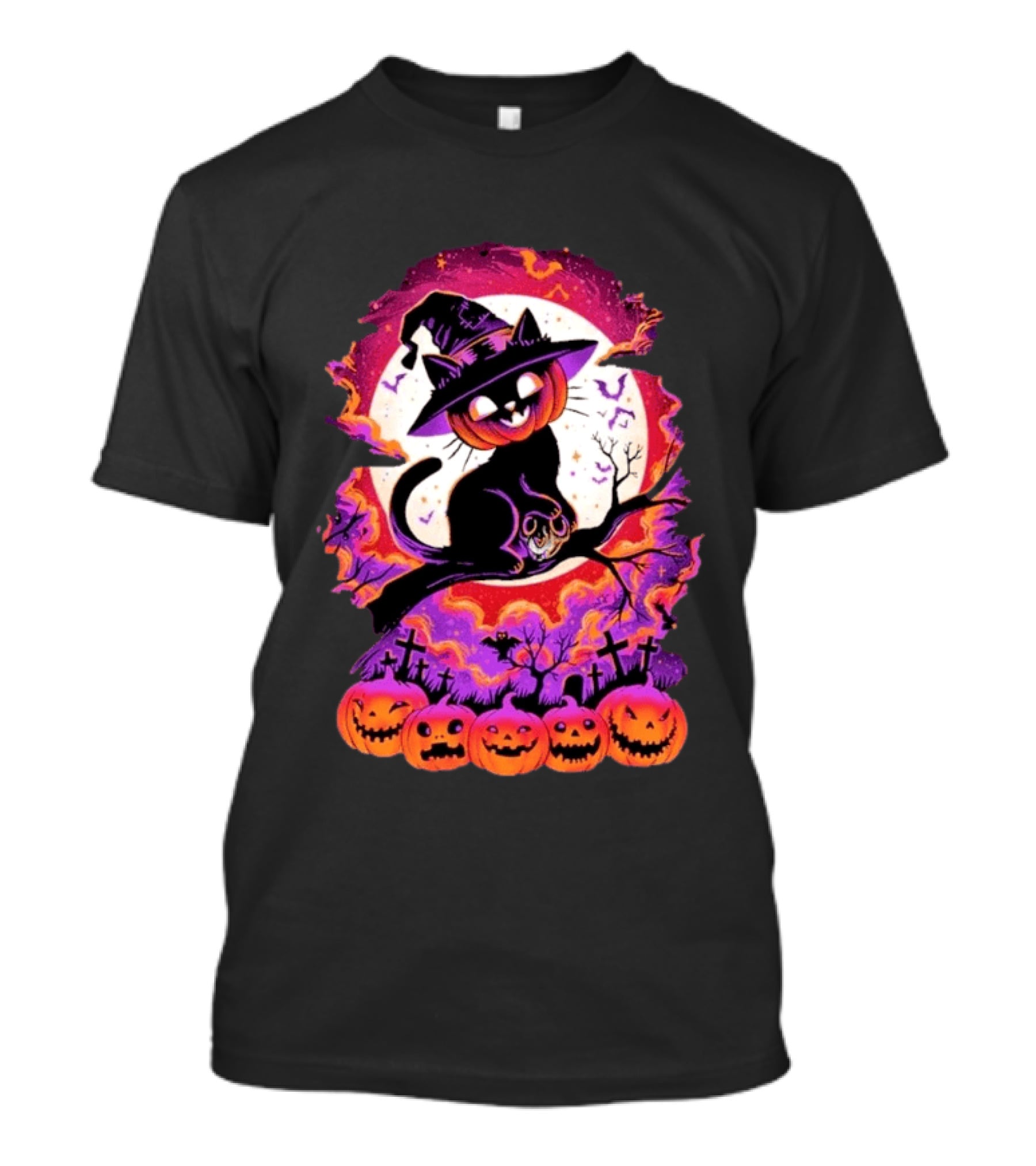 Halloween Cat O'Lantern Witch Hat Spooky Jack O' Lanterns Graveyard Scene T-Shirt