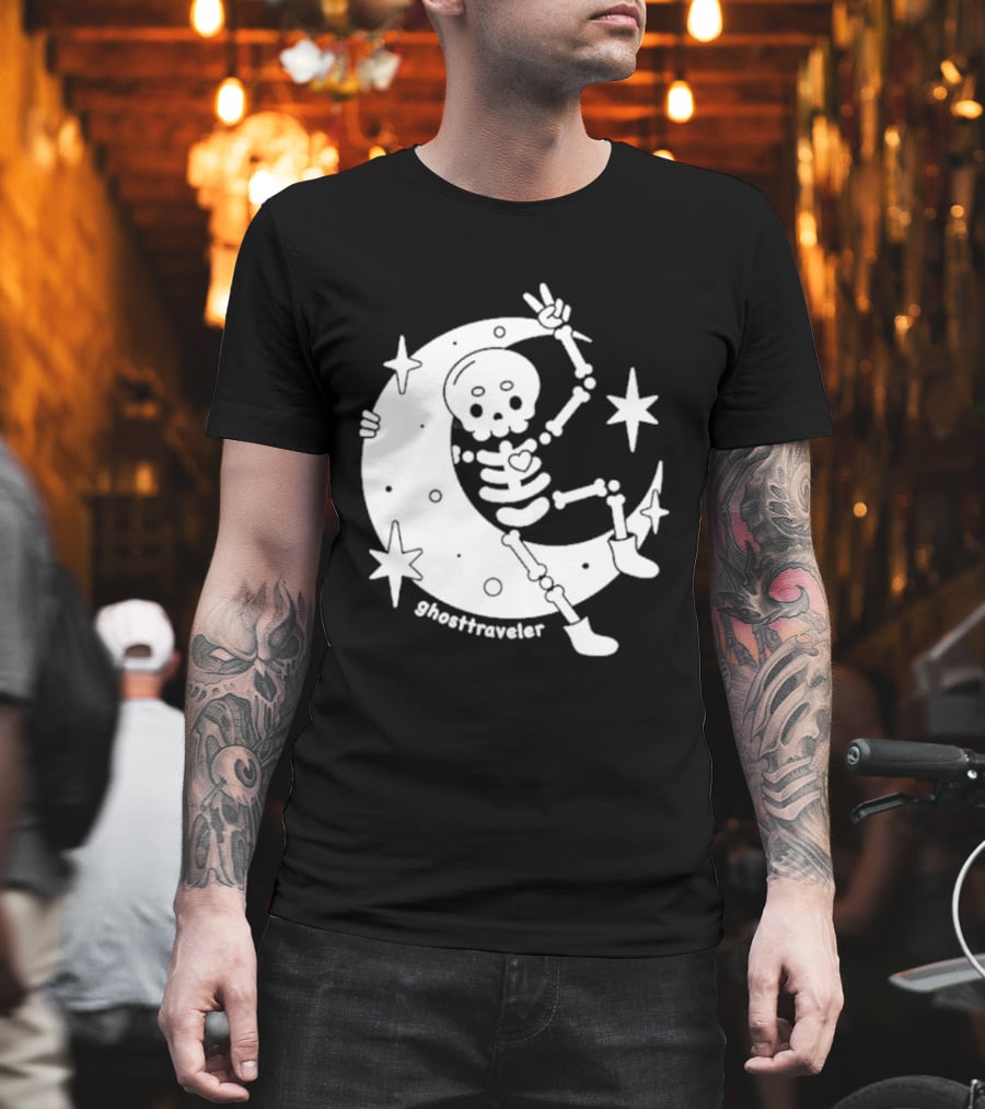 Ghosttraveler Skeleton On The Moon With Stars Spooky Halloween T-Shirt
