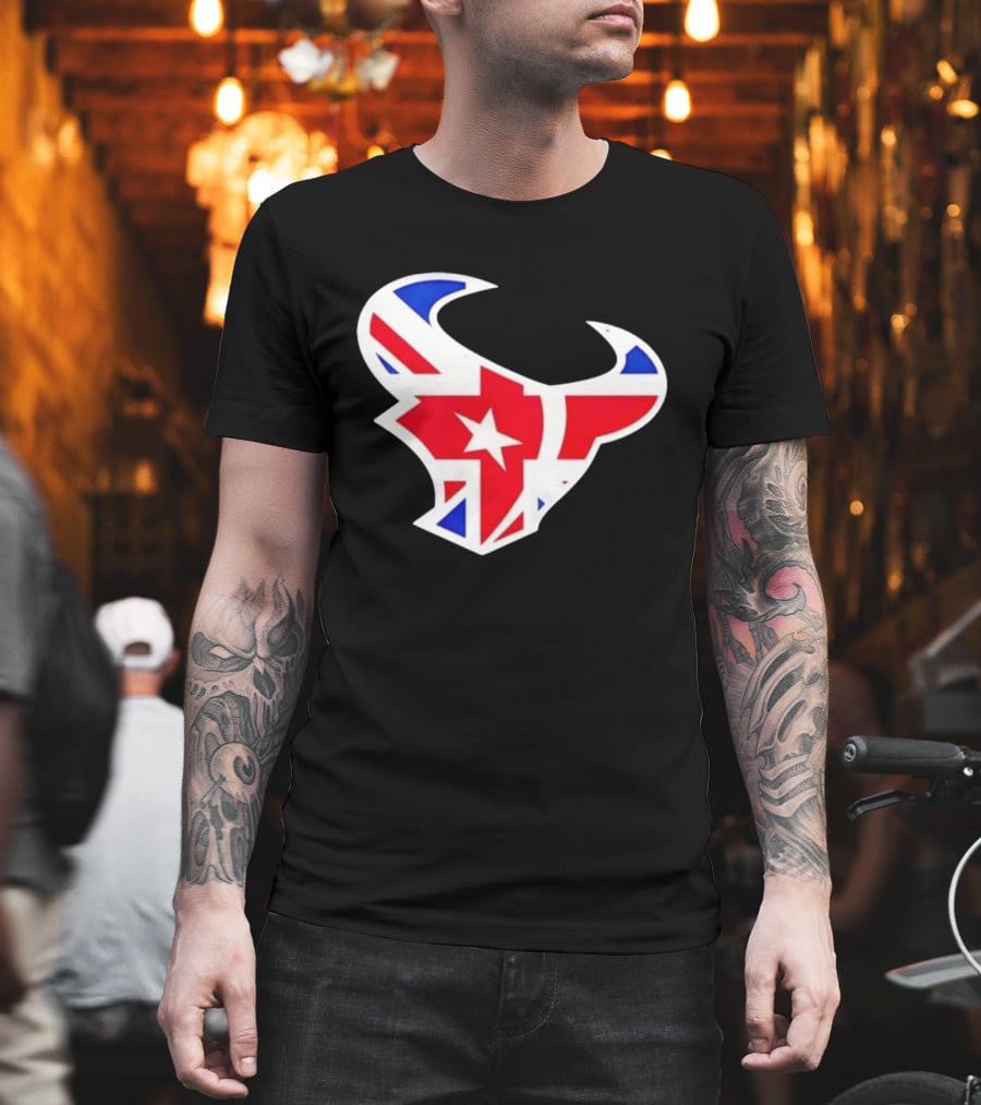 2026 Houston Texans London Game Union Jack Bull Football Event T-Shirt