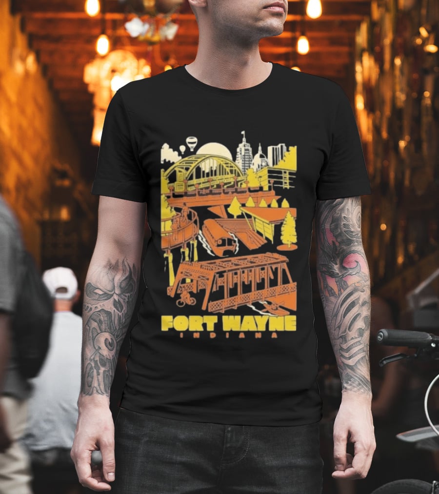 Fort Wayne Indiana Riverfront Yellow Orange Skyline And Bridges T-Shirt