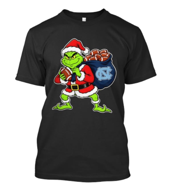Grinch Santa North Carolina Tar Heels Holding Chiefs Footballs Christmas T-Shirt