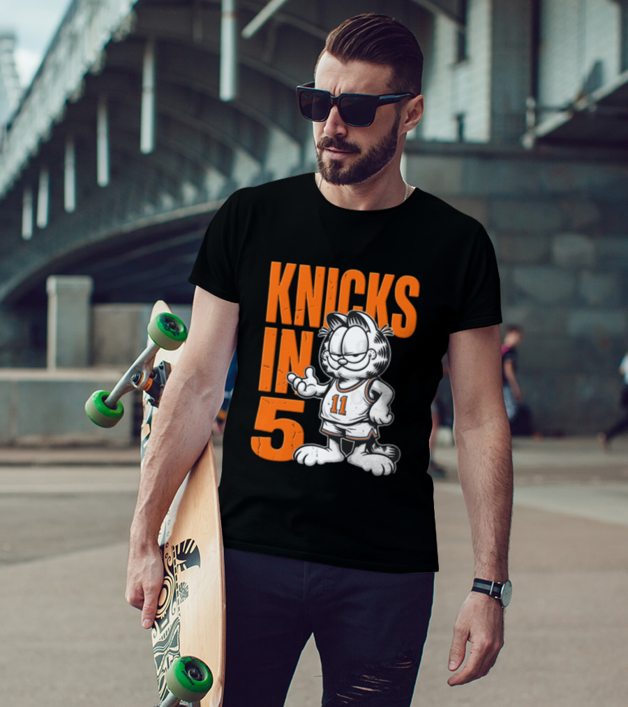 Knicks In 5 Cartoon Cat Wearing Basketball Jersey T-Shirt