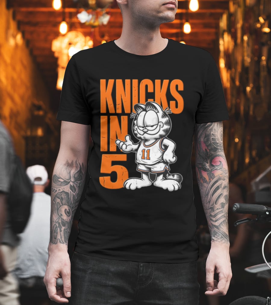 Knicks In 5 Cartoon Cat Wearing Basketball Jersey T-Shirt