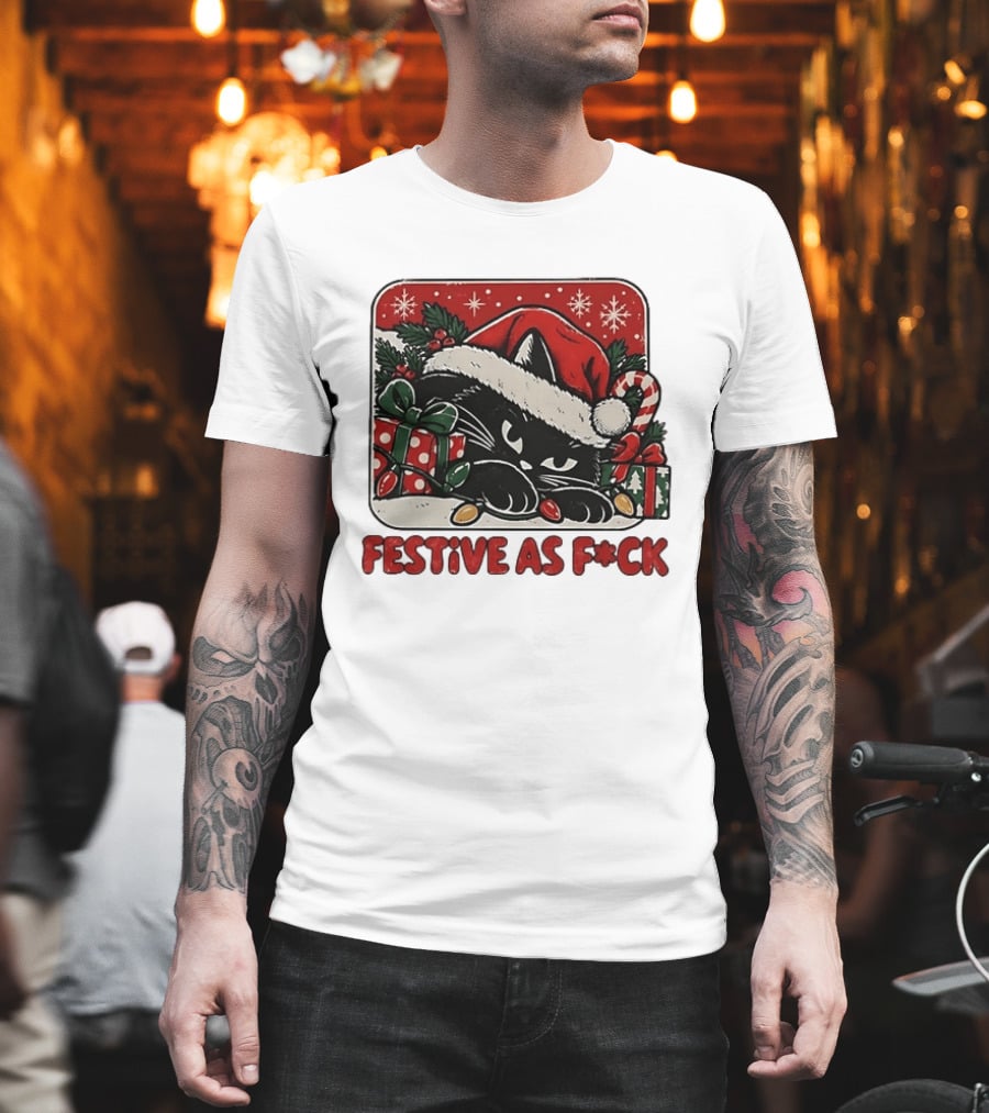 Festive As Fck Cat Christmas Holiday Santa Hat Snowflakes Presents T-Shirt