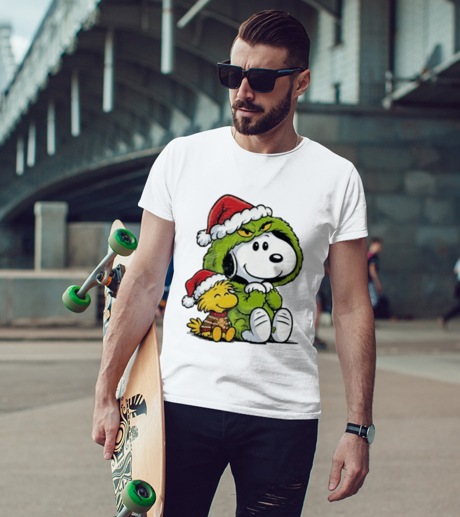 Snoopy And Woodstock In Grinch Costumes With Santa Hats Christmas T-Shirt