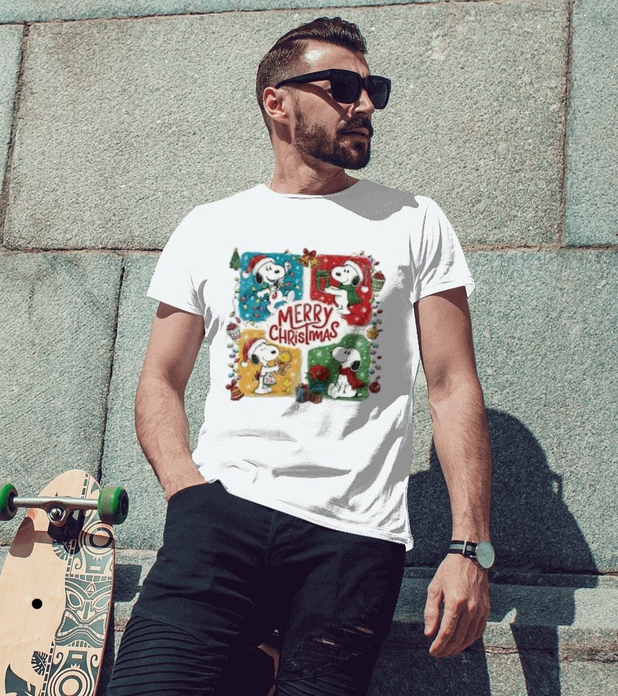 Snoopy Merry Christmas Festive Celebration With Presents And Santa Hat T-Shirt