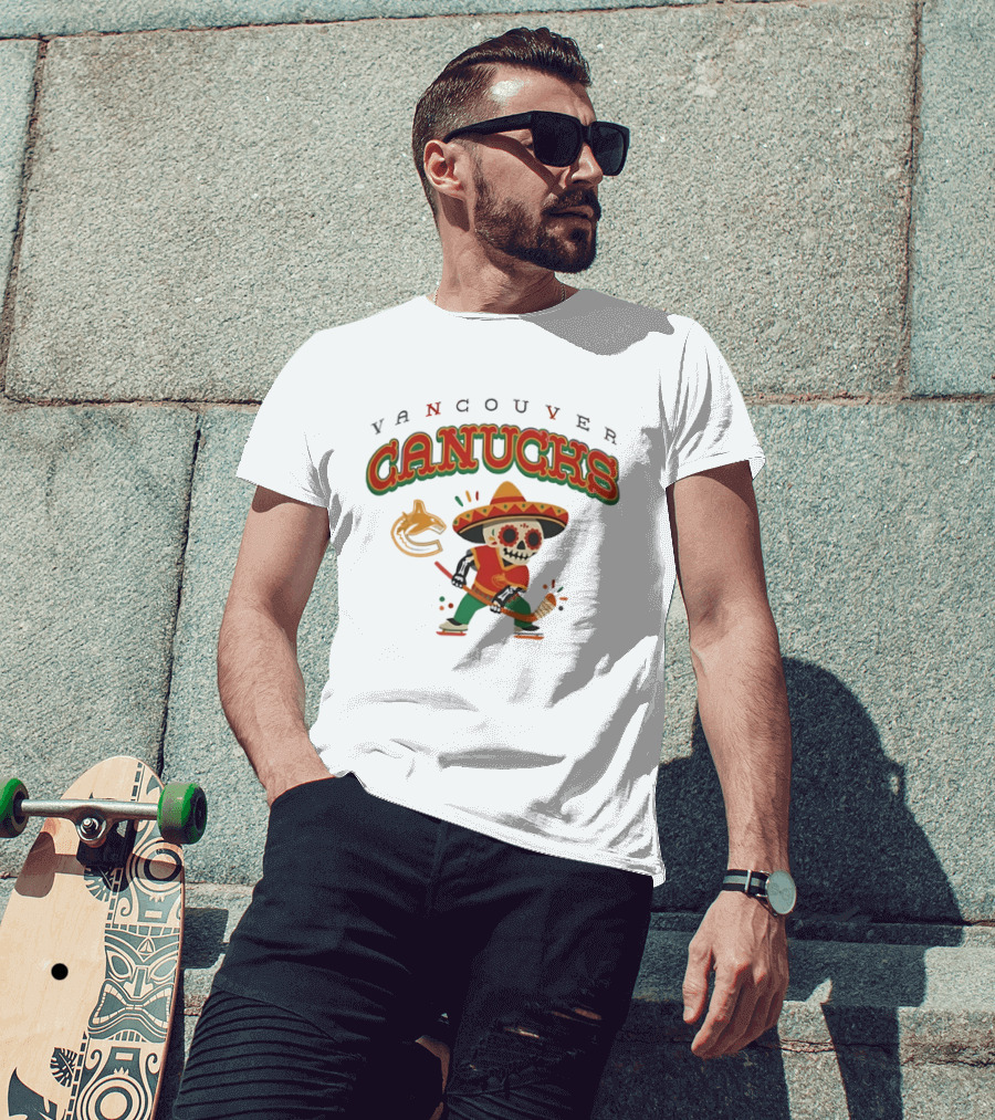 Vancouver Canucks Dia De Los Muertos Sugar Skull Hockey Player T-Shirt