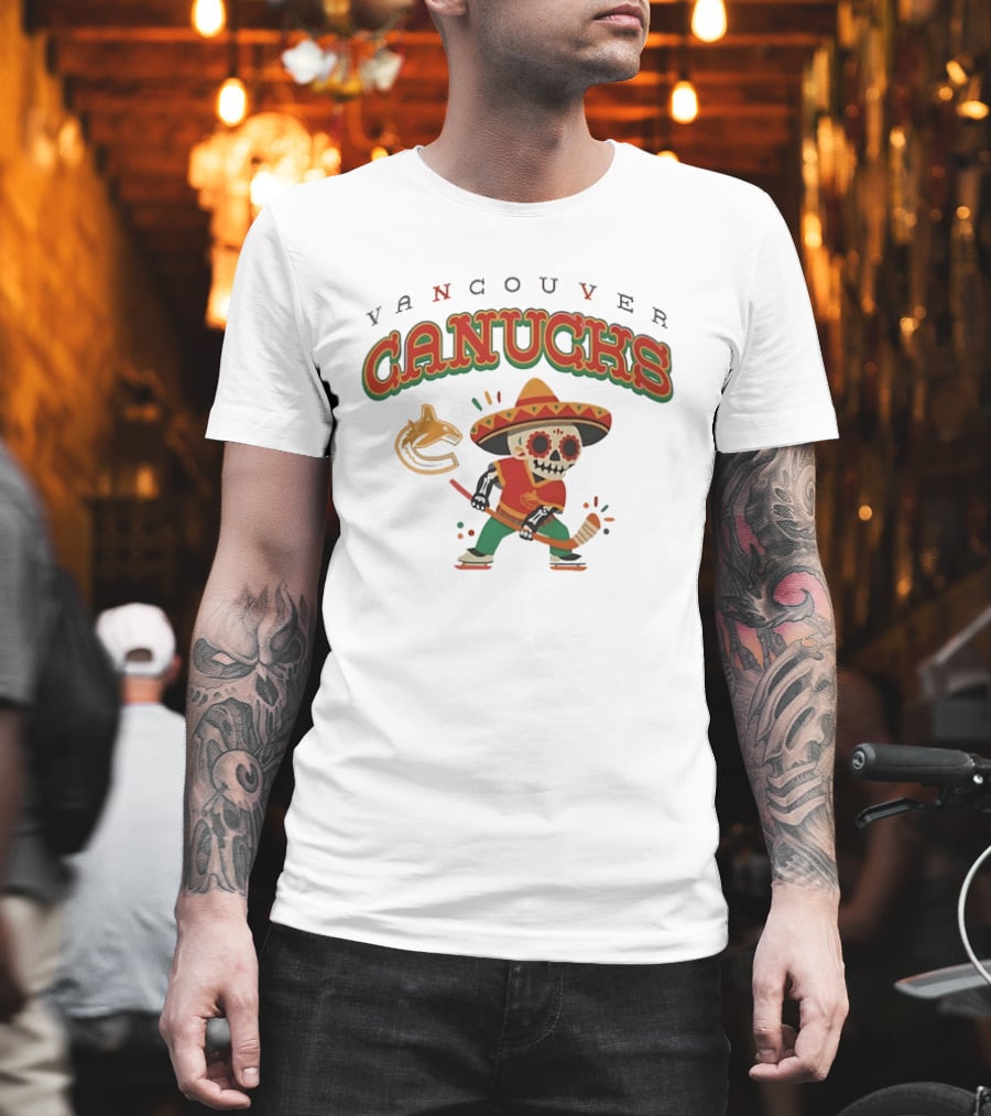 Vancouver Canucks Dia De Los Muertos Sugar Skull Hockey Player T-Shirt