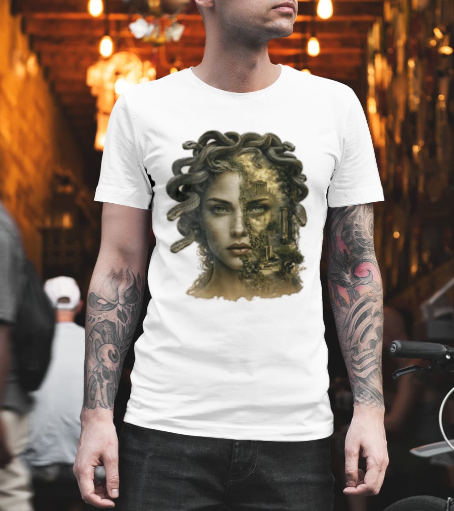 Medusa Woman Face Snakes Hair Ancient Ruins T-Shirt