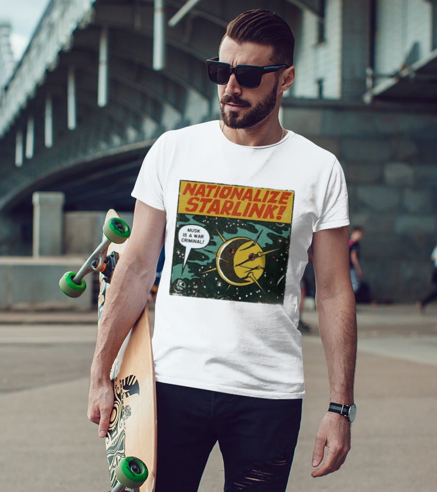 Nationalize Starlink Musk Is A War Criminal Outer Space Retro Comic T-Shirt