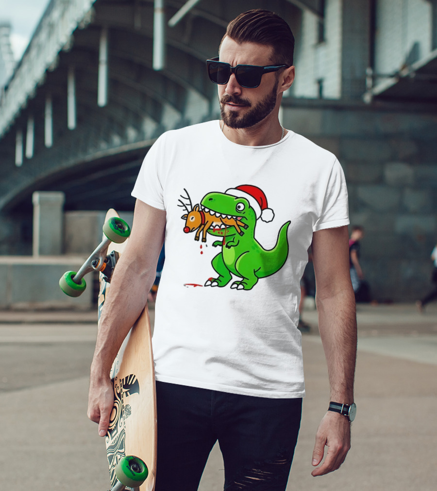 T Rex Eating A Reindeer Santa Hat Christmas Fun T-Shirt