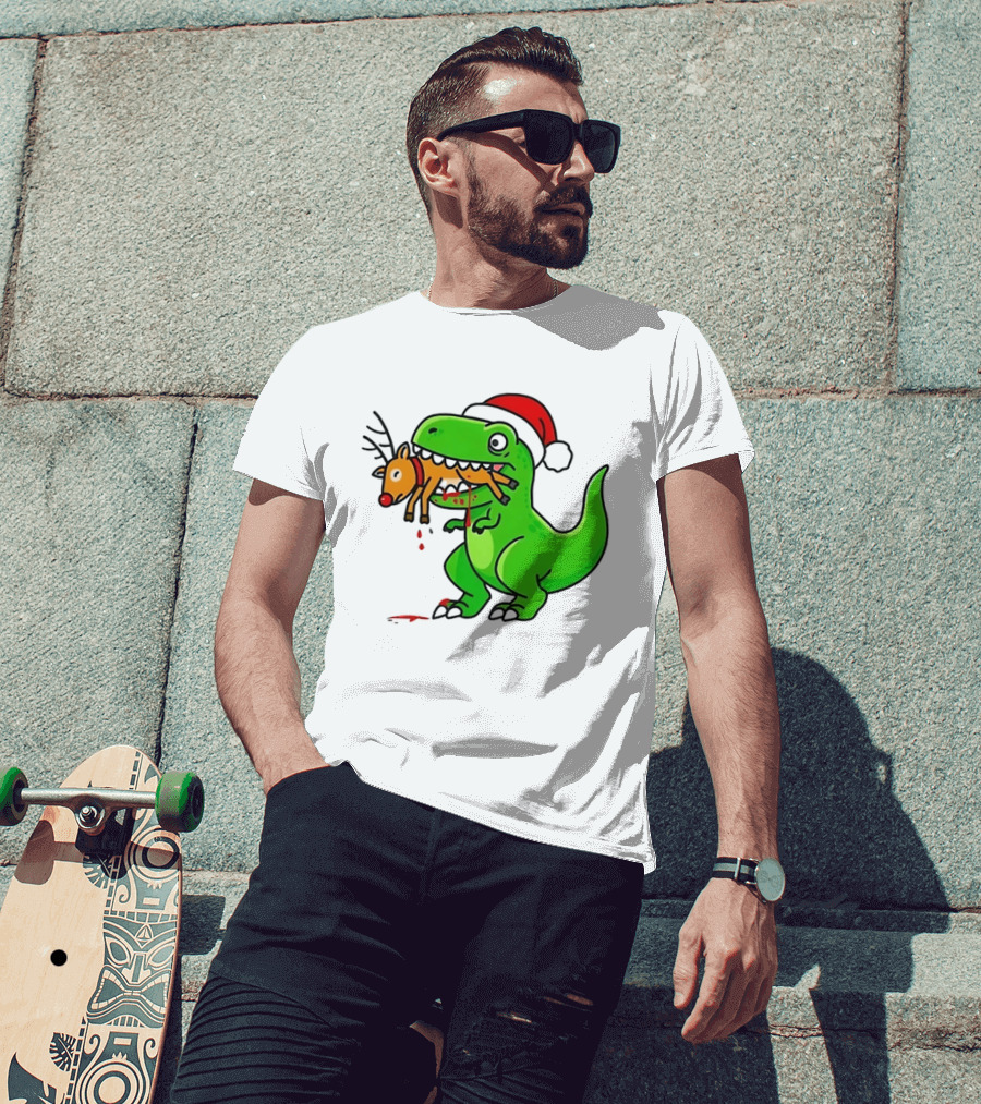 T Rex Eating A Reindeer Santa Hat Christmas Fun T-Shirt