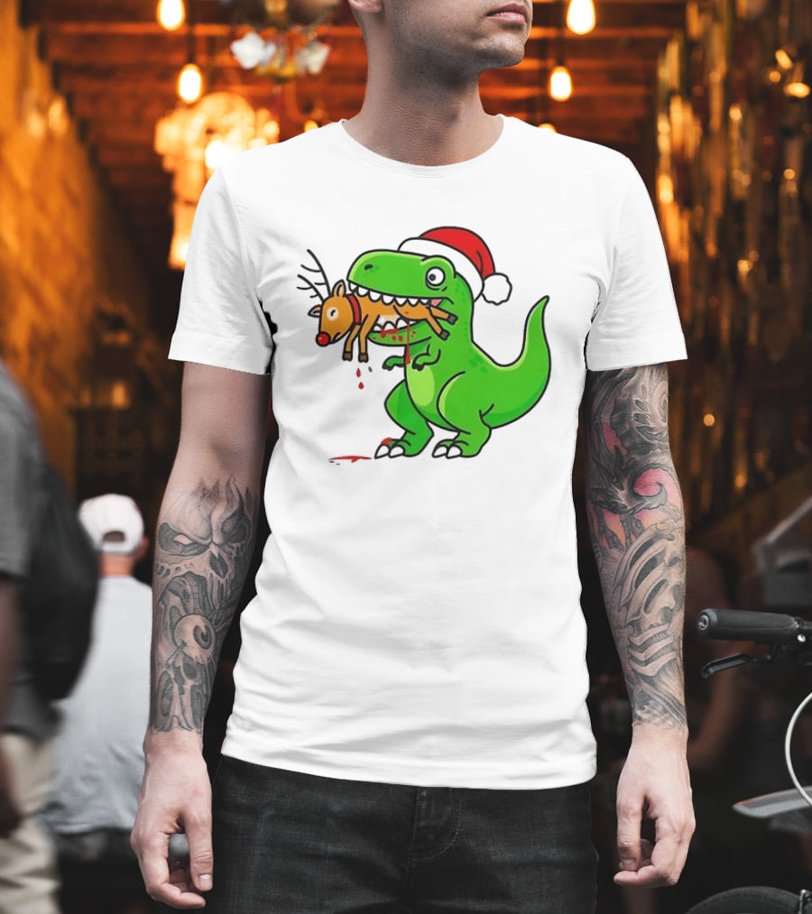 T Rex Eating A Reindeer Santa Hat Christmas Fun T-Shirt