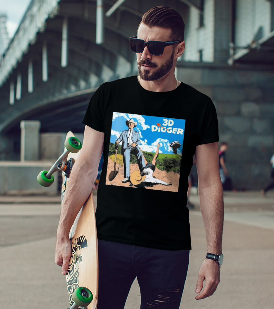 3D Digger Rockwell Western Cowboy Shovel Scene T-Shirt