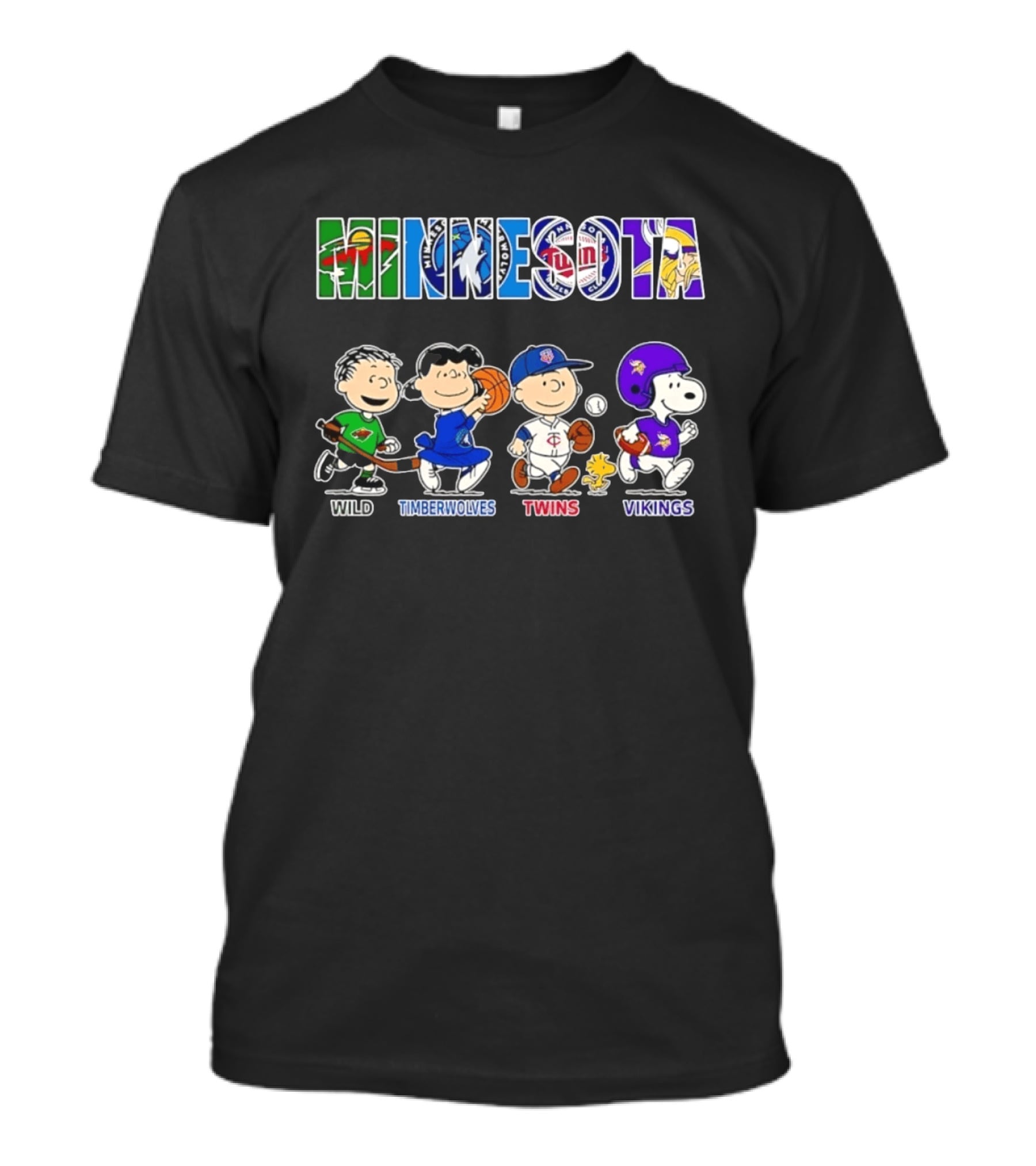 Peanuts Characters Minnesota Wild Timberwolves Twins Vikings Logos T-Shirt