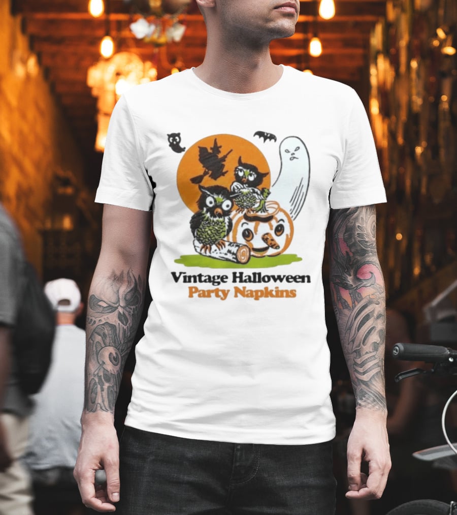 Vintage Halloween Party Napkins Owls Pumpkin Ghost Witch Bats T-Shirt