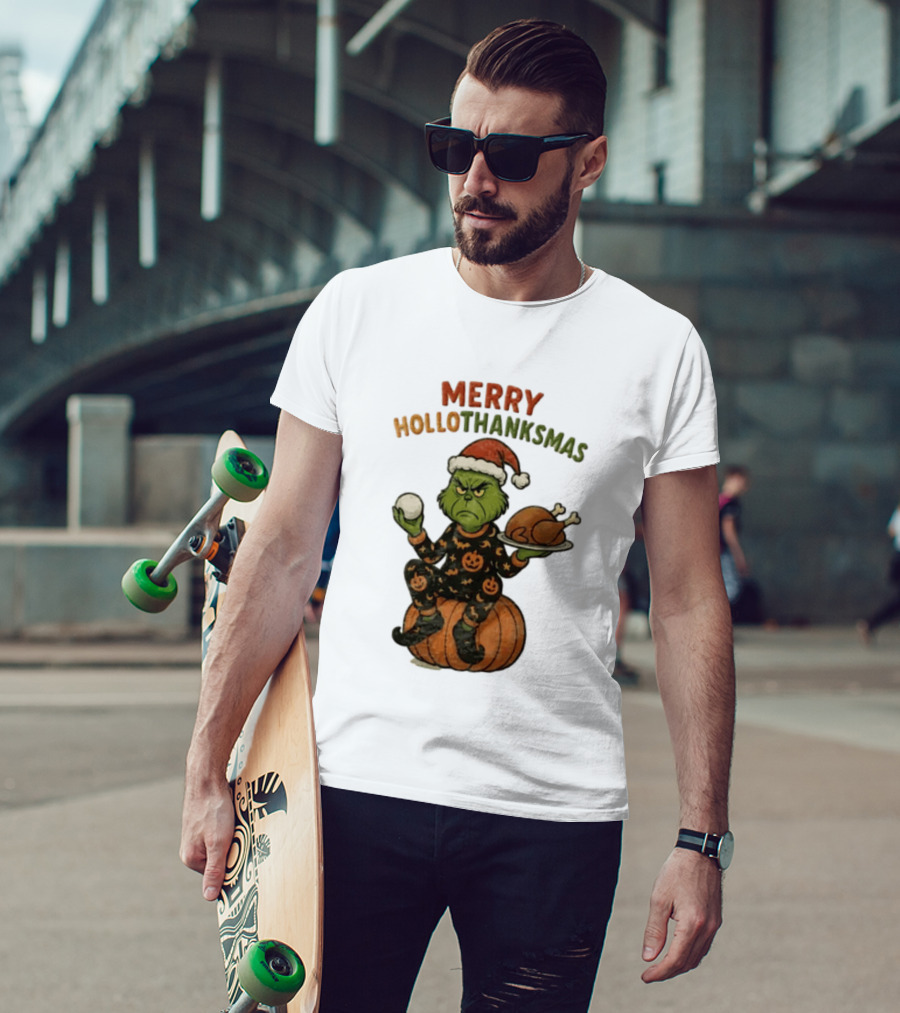 Merry Hollothanksmas The Grinch In Pumpkin Outfit With Santa Hat And Thanksgiving Turkey Plate T-Shirt