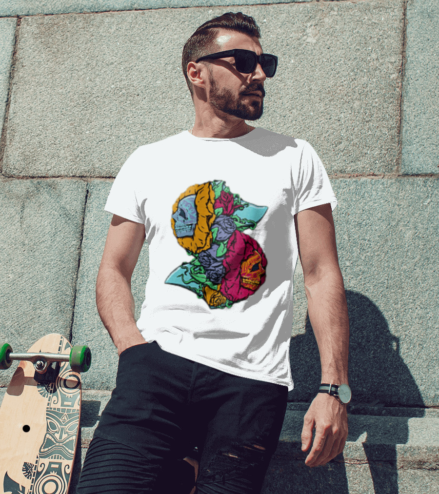 Two Skulls With Vibrant Roses And Sharp Blades T-Shirt