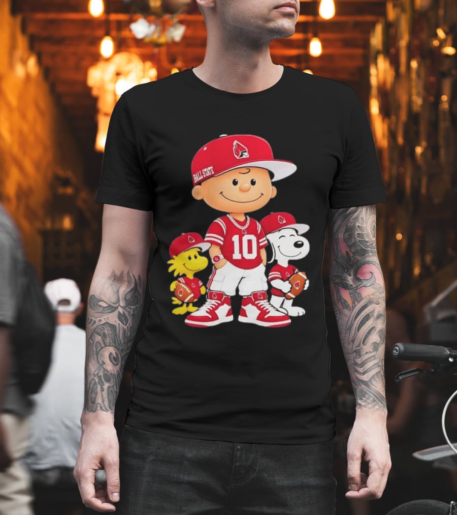 Ball State Cardinals Charlie Brown Woodstock Snoopy Number 10 Football Fans T-Shirt