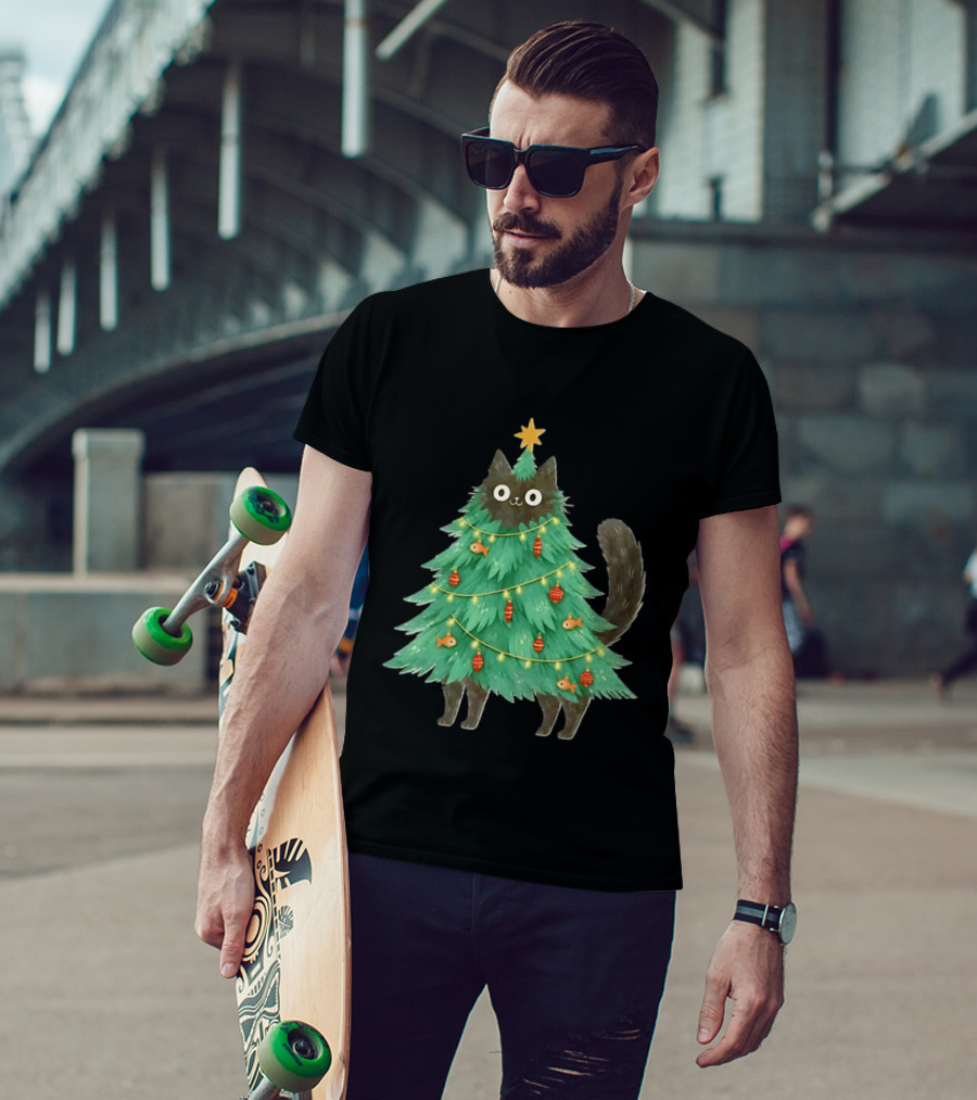 Black Cat Christmas Tree Holiday With Fish And Ornaments T-Shirt
