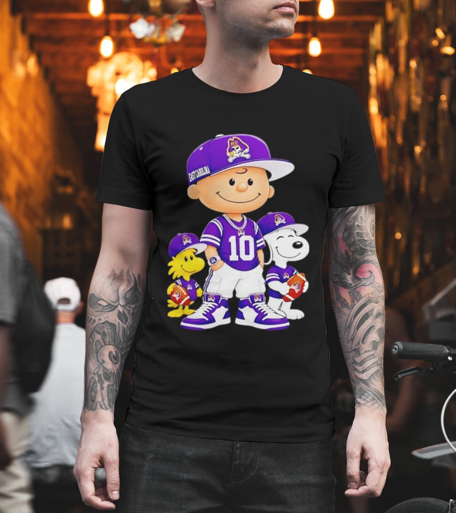 East Carolina Pirates Charlie Brown Woodstock Snoopy Number 10 Football Fans T-Shirt