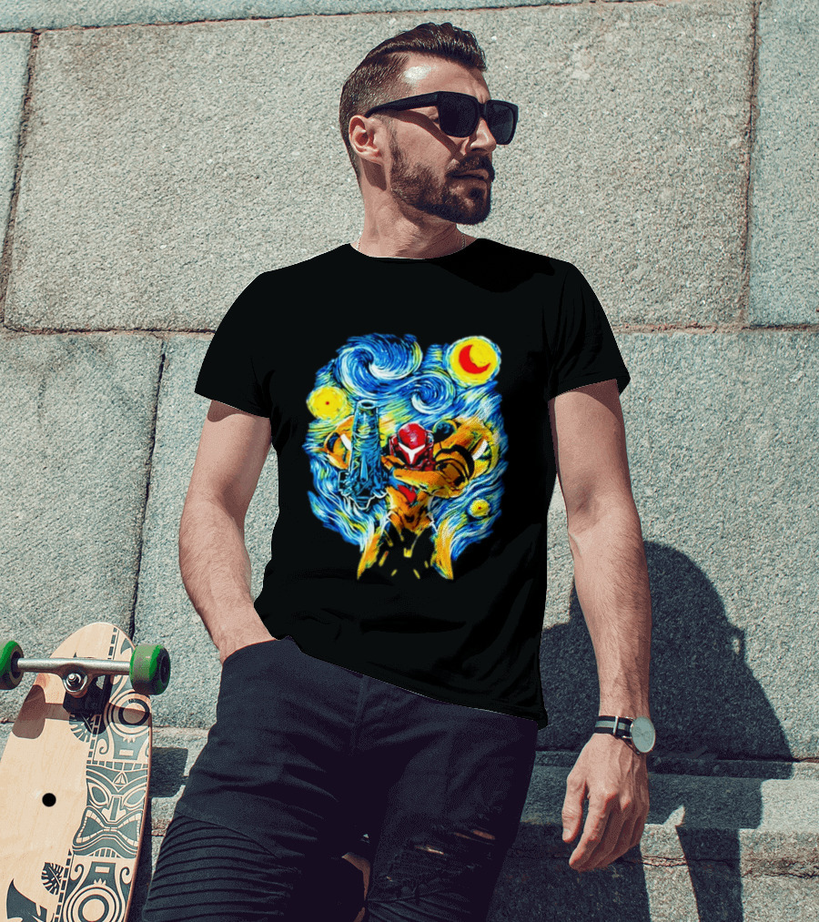 Samus Aran Starry Night Mashup Metroid Vincent Van Gogh T-Shirt