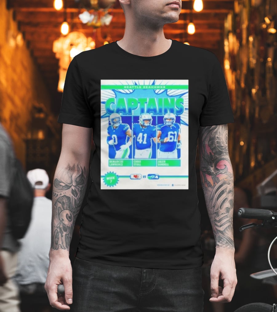 Seattle Seahawks Captains Demarcus Lawrence Chris Stoll Jalen Sundell Week 7 Football Matchup Chiefs Vs Seahawks T-Shirt