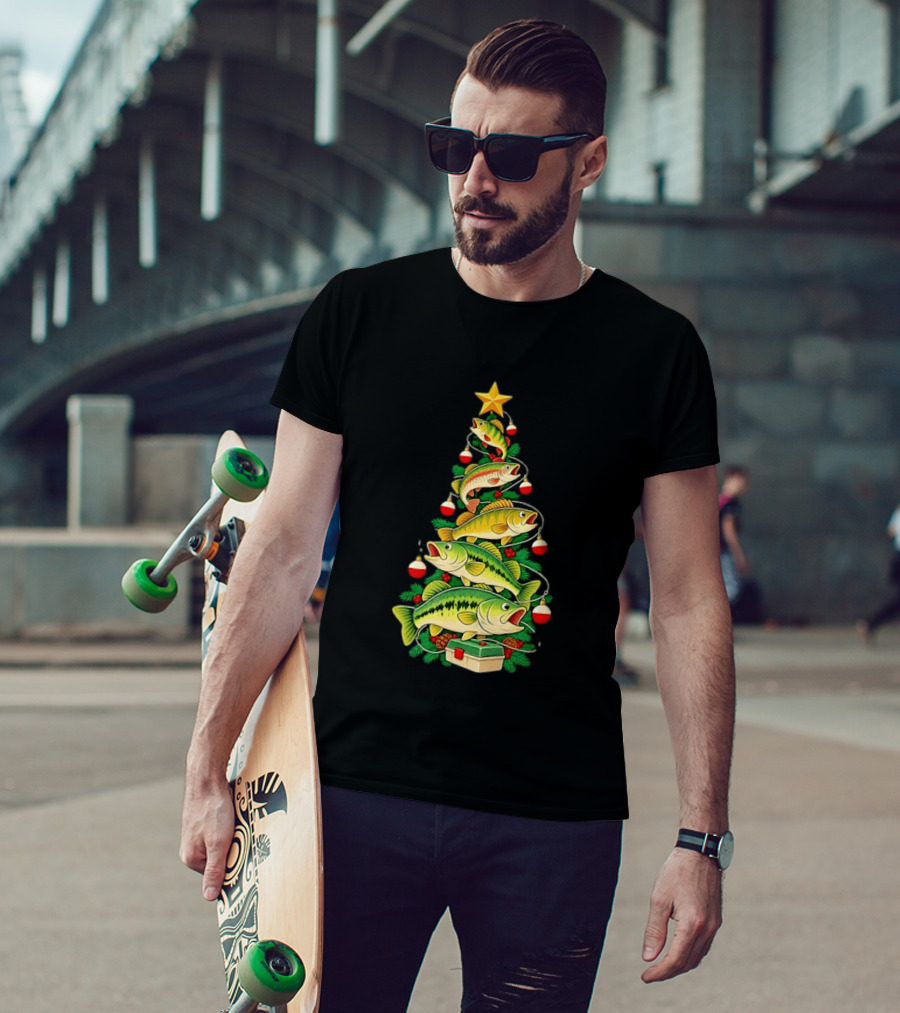 Fishing Christmas Tree Holiday Bass Ornaments And Star Topper T-Shirt