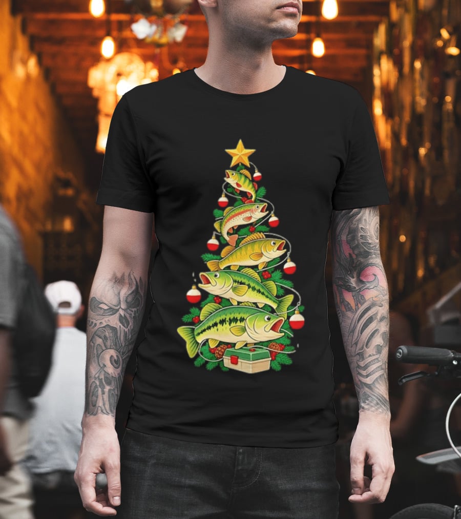 Fishing Christmas Tree Holiday Bass Ornaments And Star Topper T-Shirt
