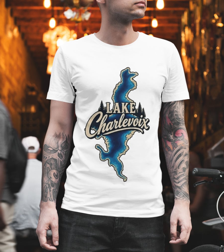 Lake Charlevoix Michigan Map Waterfront Trees T-Shirt
