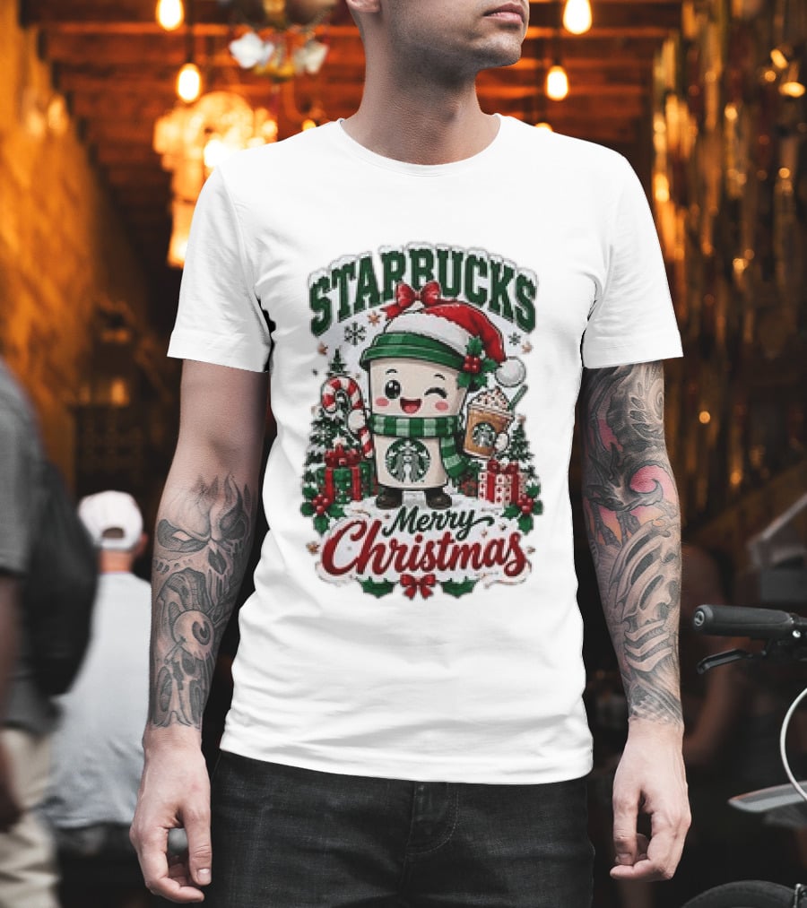 Starbucks Merry Christmas Cute Holiday Coffee Cup Santa Hat Candy Cane Presents T-Shirt
