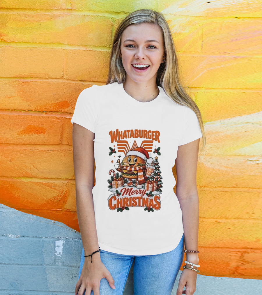 Whataburger Merry Christmas Festive Holiday Burger Santa With Gifts And Drink T-Shirt