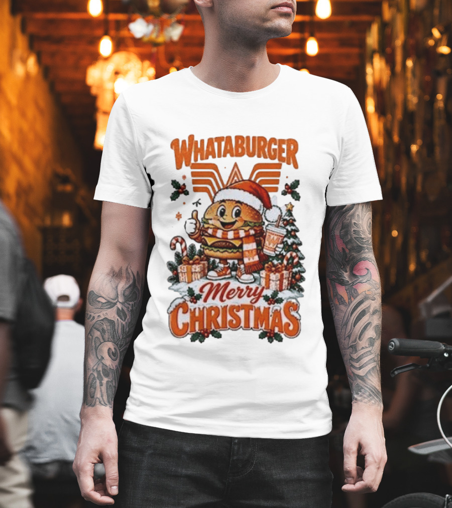 Whataburger Merry Christmas Festive Holiday Burger Santa With Gifts And Drink T-Shirt
